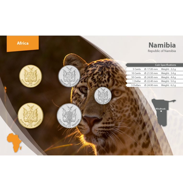 Namibia 5, 10, 50 Centavos, 1, 5 Dólares 1993-2015 KM 1, 2, 3, 4, 5